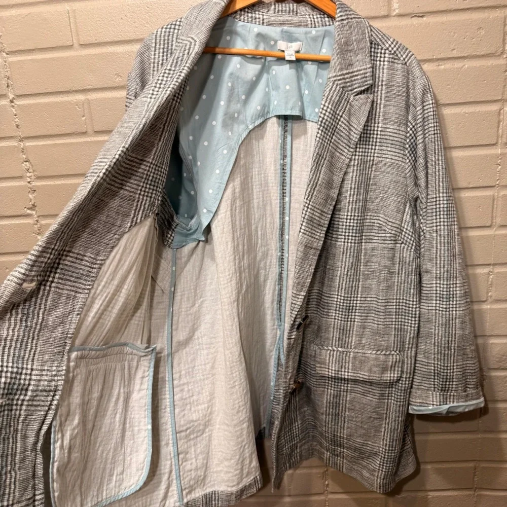J‎ Jill Love Linen Blazer Plaid Longline Womens Lrg Boyfriend Fit Blue Academia